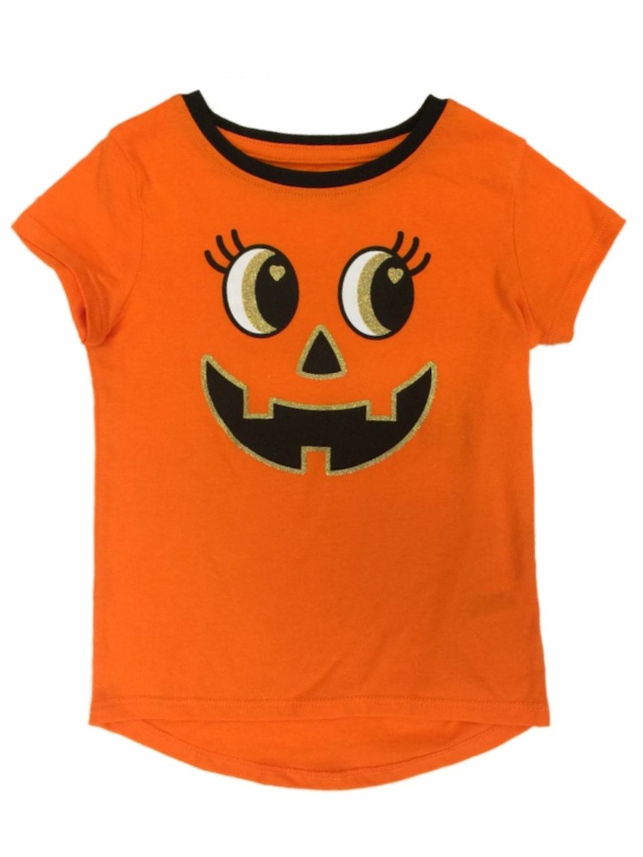 Girls Orange & Black Pumpkin Jack O Lantern Short Sleeve Halloween