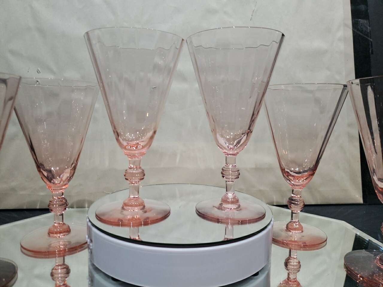 (6) Water Goblets glasses 6-5/8",  Fry co. Fry17-6 Pink Optic wafer stem 17