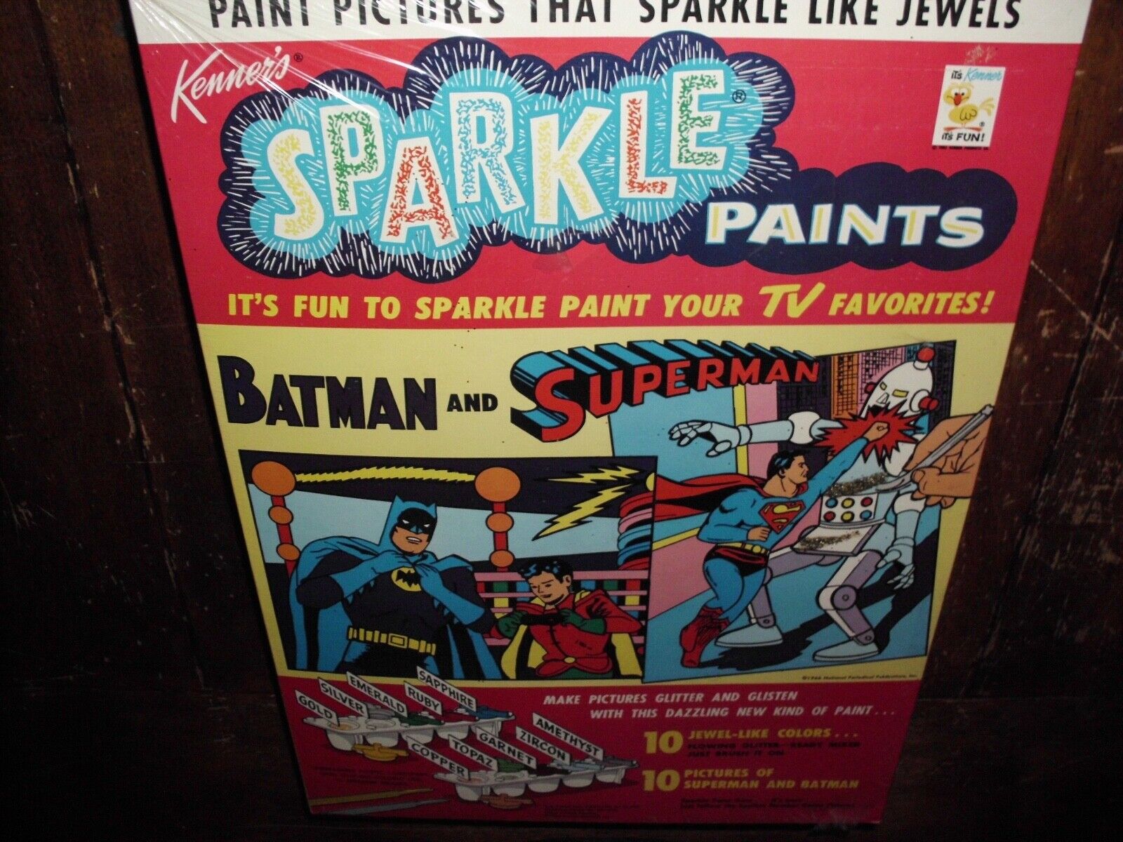 VINTAGE BATMAN SUPERMAN KENNER SPARKLE PAINT SET HUGE 16"X11" OLD STOCK NEW 1966