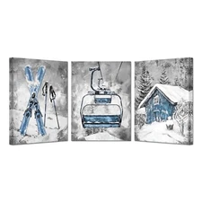 KREATIVE ARTS Ski Lift and Old Barn Canvas Wall Art, 3 Piece Grey and Blue Wi...