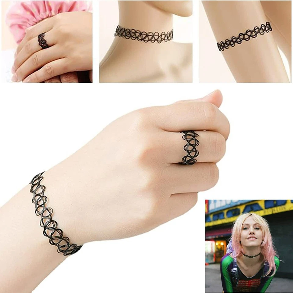 DONNA COLLANA GIROCOLLO BRACCIALE ANELLO ELASTICO GOTICO TATUAGGIO PIZZO NERO - Immagine 3 di 4