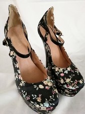 BeBo - Black Satin Floral Platform Shoes with Ankle Strap Size 5