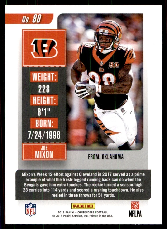2018 Panini Contenders Joe Mixon Cincinnati Bengals #80 - Image 2 of 2