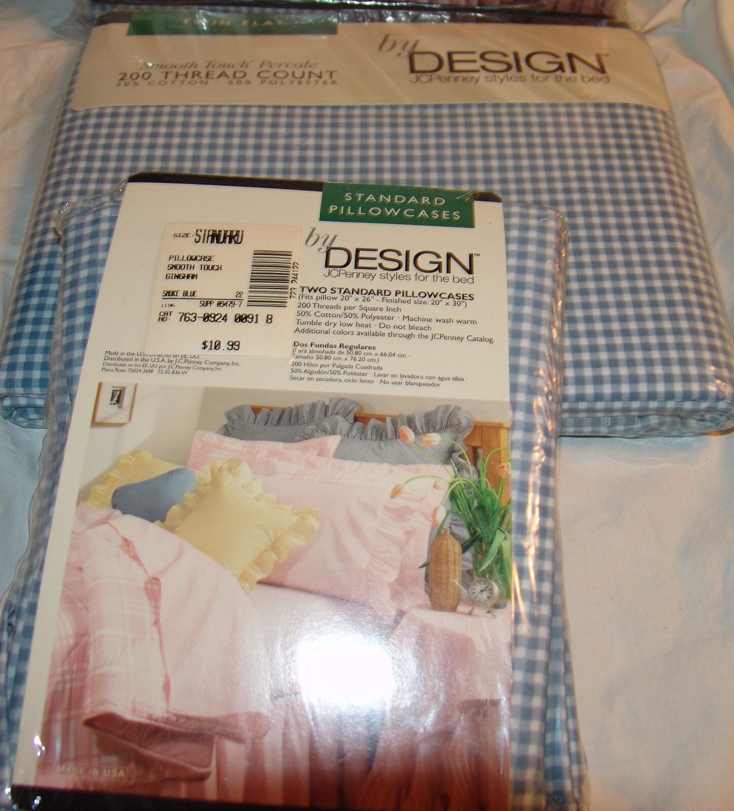 JC Penney Design Vtg Bedding New NOS Pillowcases Twin Flat Sheet Blue