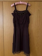 WAREHOUSE BROWN LINED BEADED EVENING SLEEVELESS 100% SILK DRESS WOMEN'S UK 14