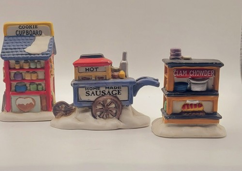 Christmas Village Accessories, Sausage Cart, ClamWin Chowder And Cupcakes.