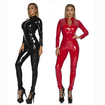 Damen Glanz Jumpsuit Reißverschluß Highcollar Wetlook Lack Optik Catsuit Overall