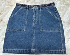 Vtg 1990s Tommy Hilfiger Blue Denim Skirt Logo Spell Out Waistband Belt Sz 8 Y2K
