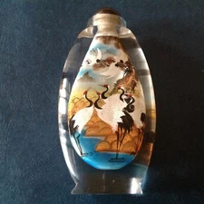~Large Vintage Inside Reverse Painted Crystal Snuff Bottle ~ Cranes ~SALE PRICED