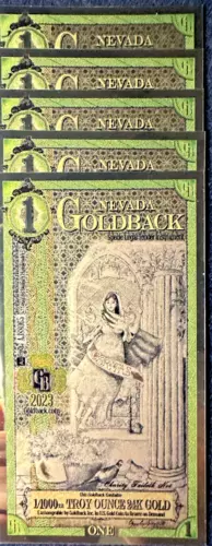 Lot of 5 Nevada Goldbacks! Each 1/1000 ounce of 24K gold! Aurum 24K Foil Note!