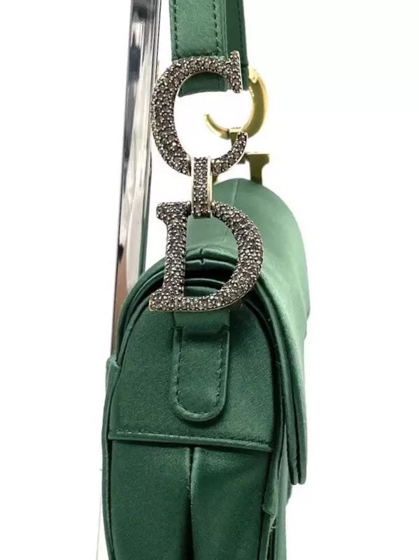RARE mini sacoche de selle Christian Dior vert foncé émeraude cristal satiné ornée