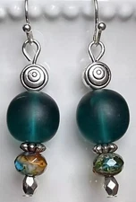 Silver, Teal Sea Glass, Sandy Beige and Ocean Blue Picasso Earrings. Beach