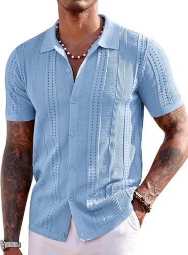 Men's Short Sleeve Button Down Polo Shirt - Knit Fabric Casual Summer Beach Tops - Picture 20 of 64