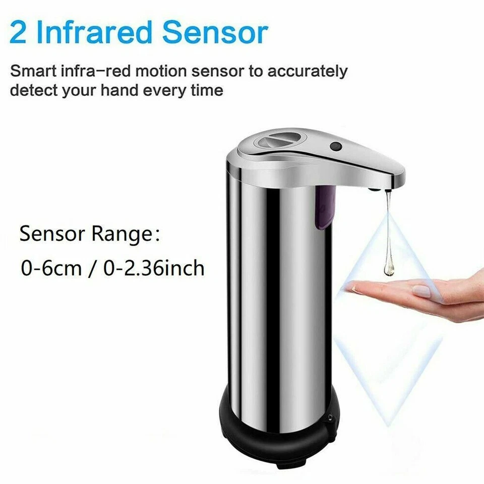 Dispensador de jabón sin contacto con sensor automático manos libres de acero inoxidable 250 ml cocina baño Foto 2 de 4