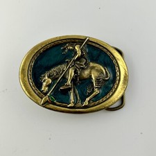End Of The Trail Belt Buckle Brass Blue Enamel 1980s Indian Horse Made In USA