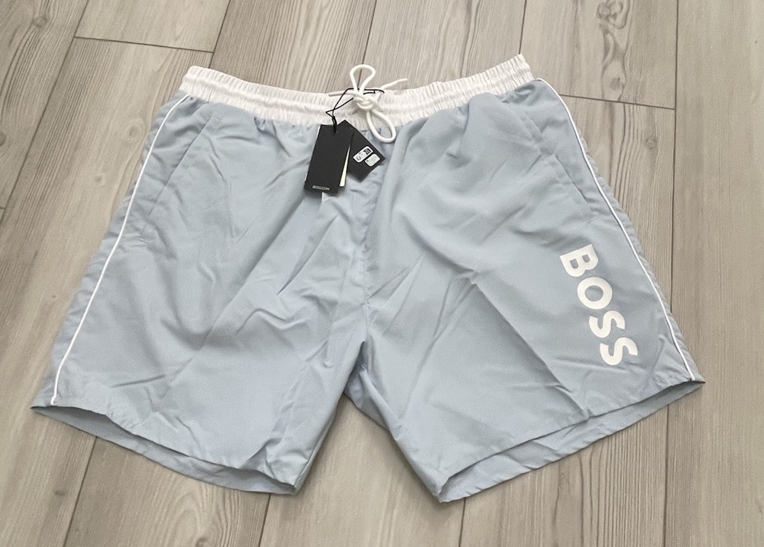 BOSS Vertical-logo-print swim shorts in a light blue quick-dry Sz 2XL Lined 9590₽