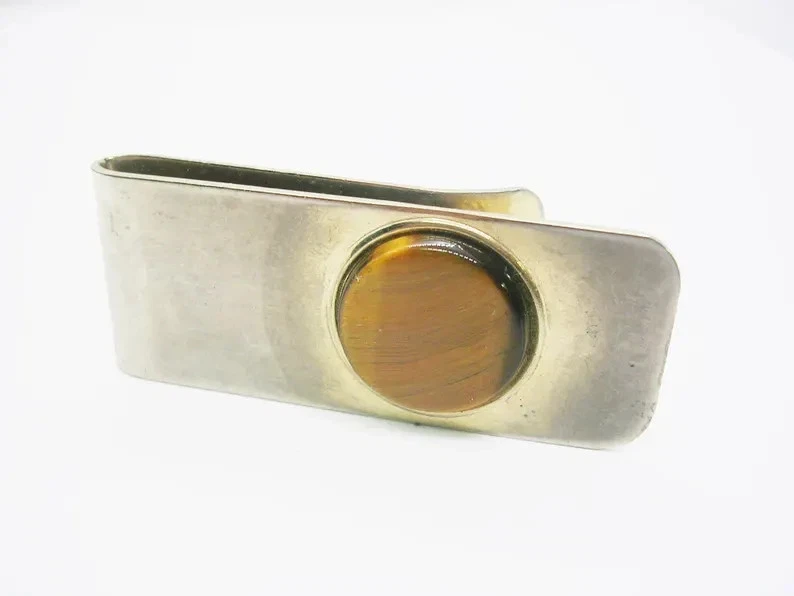Estate Money Clip 14k White Gold Over Tiger Eye Gemstone Size" 1 3/4" By 3/4" - Image 2 of 4