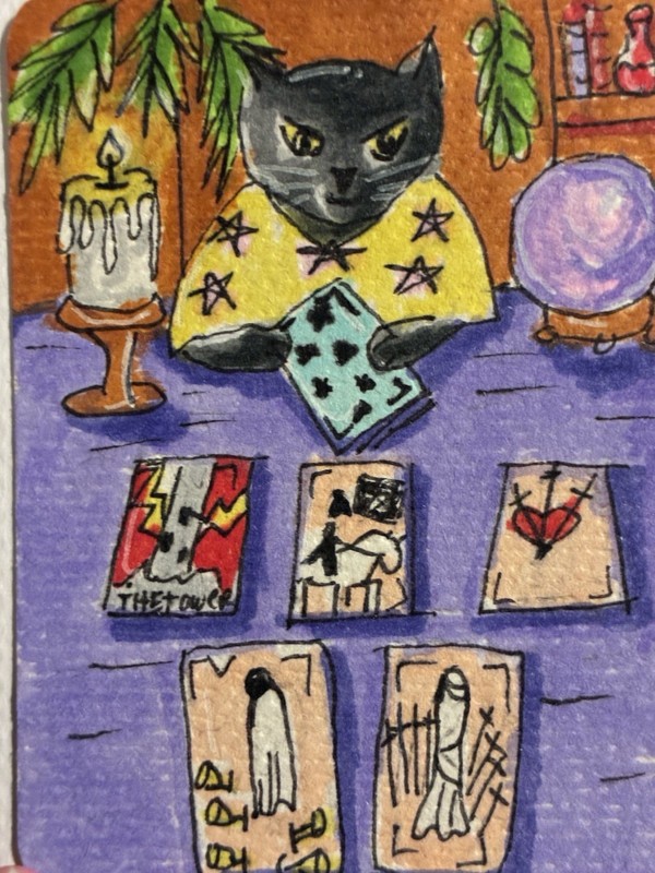 Original ACEO Cats Tarot Card Crystal Ball Fantasy Mystical Zodiac Art Card #2/6