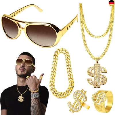 MARKE OPEIXSAYKOC OPEIXSAYKOC 5 PCS Dollar Kette set,Hip Hop Kostüm Set,Dollar Zeichen Goldkette