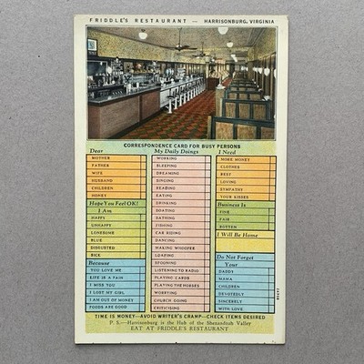 Friddles Restaurant Harrisonburg Virginia VA Unposted Correspondence Postcard