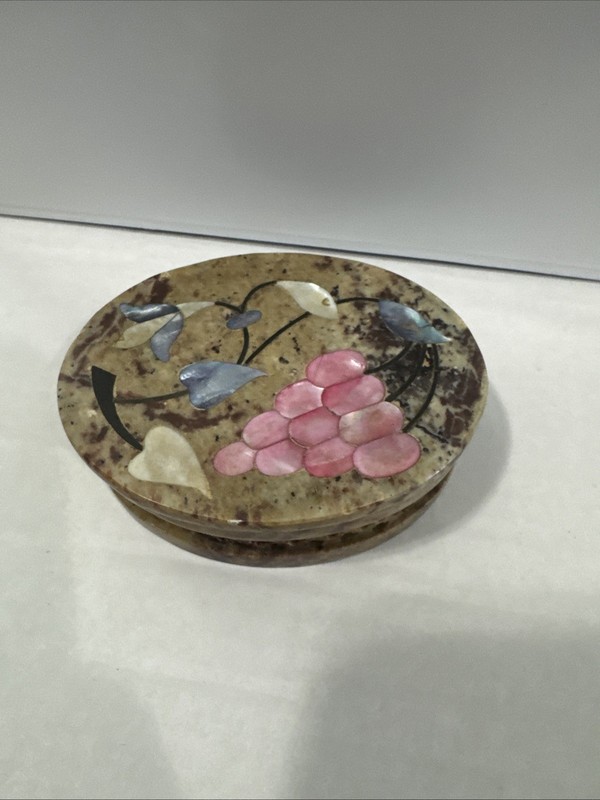Vintage Hand Carved Stone Trinket Container & Lid Multicolor Floral Design Oval