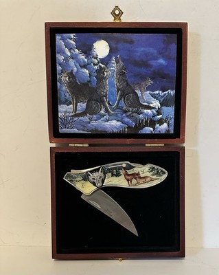 Stylish Stainless Steel Pocketknife With Winter Wolf Theme Design, Wooden Box