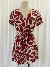 Mango Red & Cream Abstract Tie-Waist Mini Dress Size 4 Beach Cruise Vacation