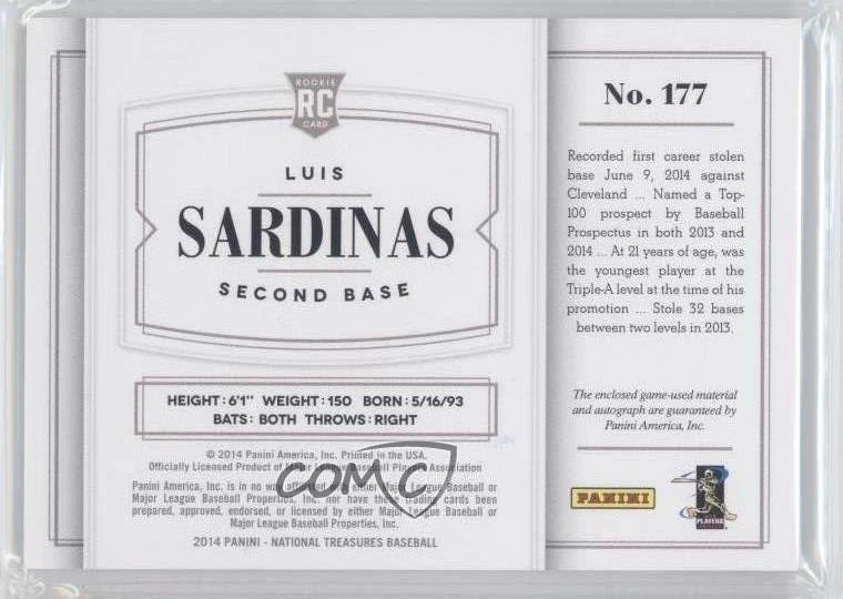 2014 Panini National Treasures Purple /49 Luis Sardinas #177 Rookie Auto RC - Image 2 of 2