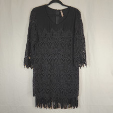 Black Crochet Lace Faux Suede Fringe Dress Boho Whimsigoth Holiday Womens L