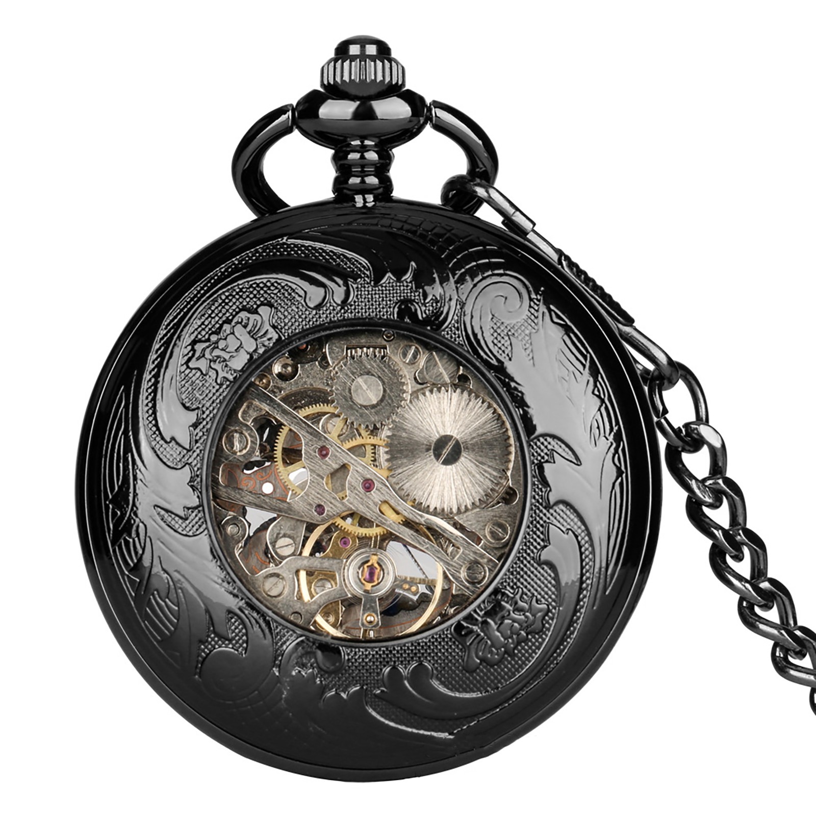 Mechanical Roman Numerals Vintage Luxury Hollow Pocket Watch with Chain