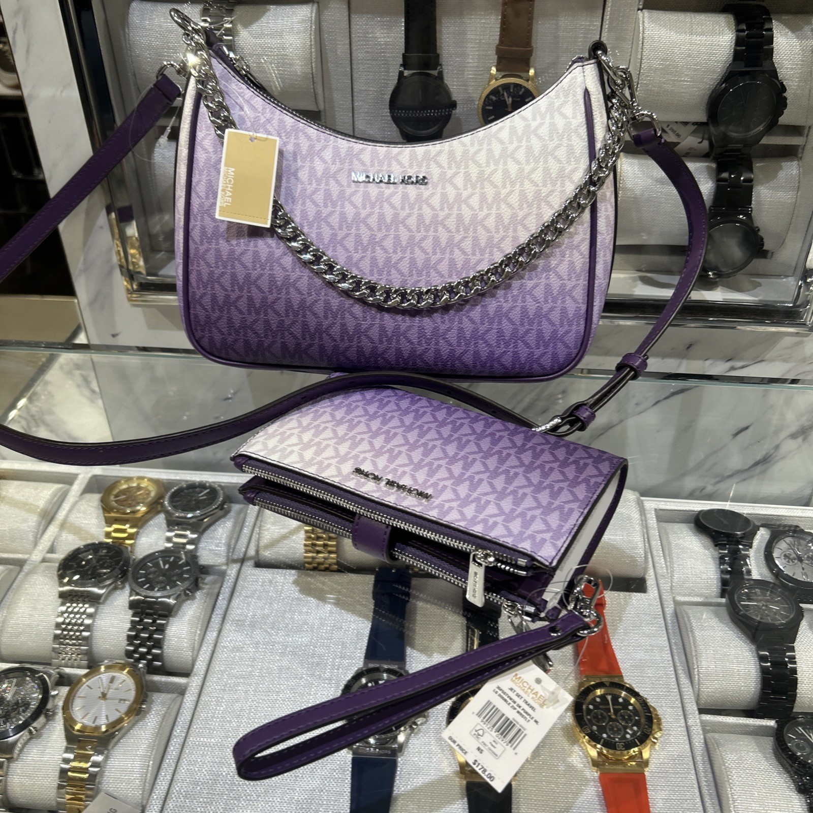 Michael Kors Large Women Pochette Ombré Logo Crossbody Bag Dark Purple + Wallet