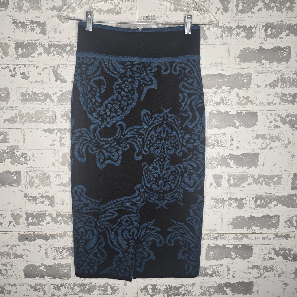 Falda Wolford Mujer 4 Negra y Azul Damasco Elastizada Lana Seda Mezcla Cachemira De Colección Foto 3 de 4