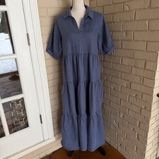 Neuflora Tiered Dress Puff Sleeve Cottage Core Blue Maxi Peasant Boho Linen M