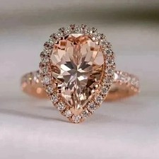 2.20Ct Pear Cut Lab Created Morganite Halo Engagement Ring 14K Rose Gold Plated