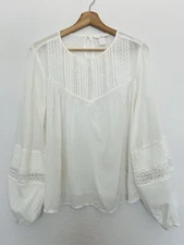 H&M Womens White Crochet Detail Blouse Sz 10 Long Ballon Sleeves Peasant Boho