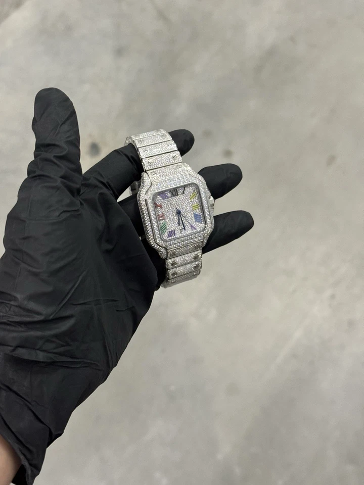 Reloj automático Moissanite Iced-Out 40 mm plata rosa acero inoxidable sin marca Foto 4 de 4