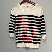 J.Crew Women's L Navy White Striped Anchor nautical 3/4 Sleeve Sweater Crewneck