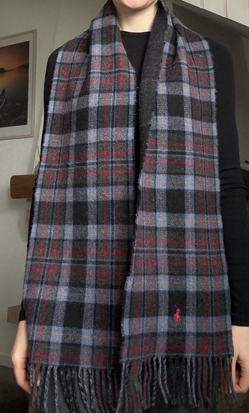 Ralph Lauren Polo Scarf Plaid Wool Fringe Logo Italy Warm Classic 160x23