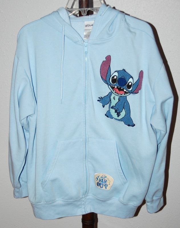 Disney Stitch Adult Lt Blue Fleece Hoodie Sweatshirt w/ Full Zip and Embroirdery