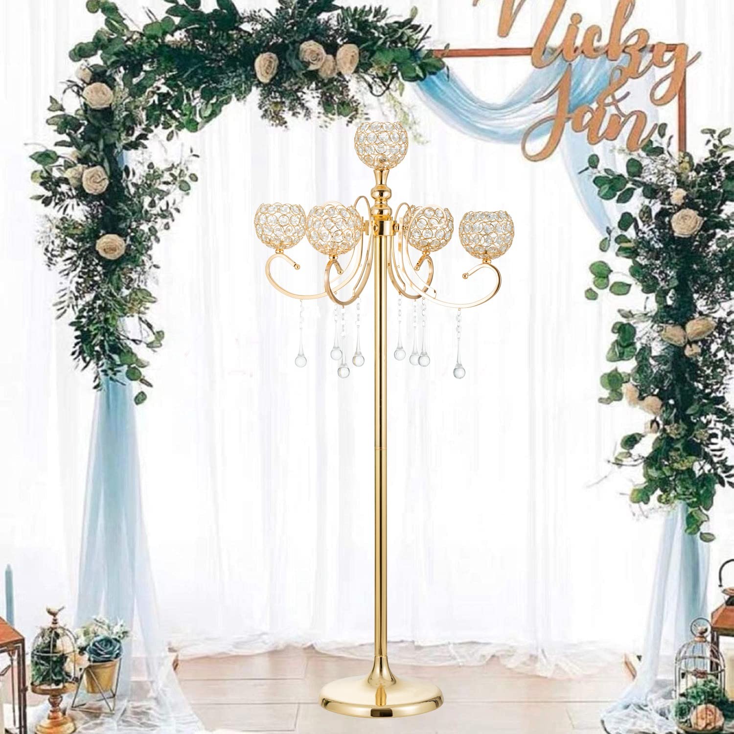 Gold Floor Candelabra for centerpieces, 45.3in Tall 5-Branch Candle Holder wi...