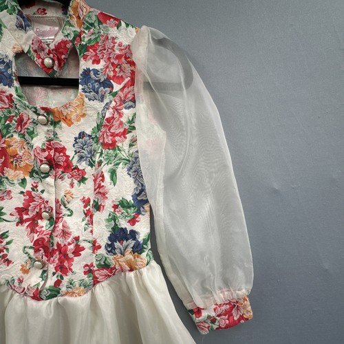 VTG 90s Little Girl Dress Sz 8 Cottagecore Easter Floral Drop Waist Chiffon USA - Picture 8 of 20
