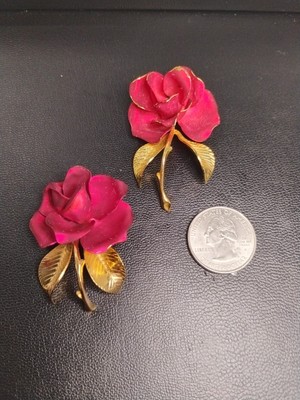 VTG Set of 2 Red Rose Flower Signed Cerrito Brooch Pin Gold Tone