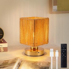 Rattan Table Lamp, Rechargeable Rattan Boho Bedside Lamps, Woven Shade, Cordl...