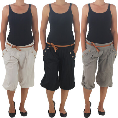Damen 3/4 Capri Harems Aladin Pluder Pump Hose Baggy Bermuda Chino Shorts Sommer