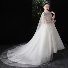 Illusion Neck Sweep Train Cape Dress Maxi Tulle Gown Dress Princess Flower Girl