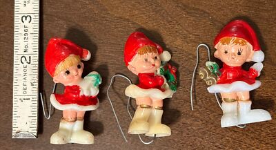 3 VTG Pixie Elf Floral Picks Craft Christmas Red Dress 2.5'' Lot