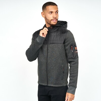 Mens Crosshatch Fleece & Quilted Zipped Hooded Jacket Hoodie