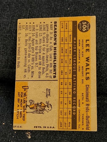 1960 Topps - #506 Lee Walls Cincinnati Reds - Picture 2 of 2