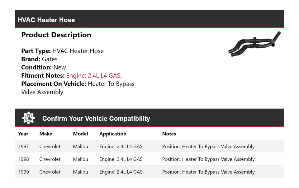 Portões de mangueira aquecedor HVAC Chevrolet Malibu 1997-1999 1998 - Imagem 2 de 4