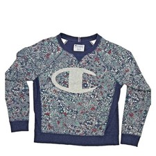 Champion Women Sweatshirt M Navy Blue Multi Color Spot Athleisure Big Logo Comfy